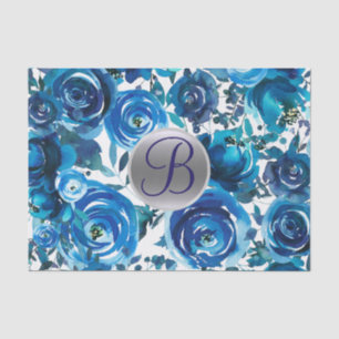 Blue Indigo Floral Monogram Letter Initial Tissue Paper