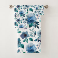 Blue indigo floral watercolor seamless pattern bath towel set