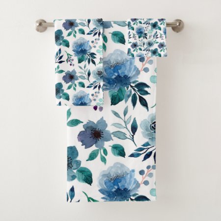 Blue Indigo Floral Watercolor Seamless Pattern Bath Towel Set