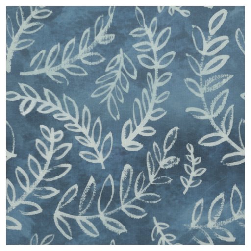 Blue Indigo Leaves Twigs Pattern Fabric