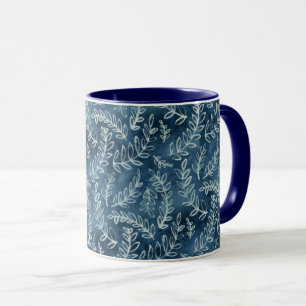 Blue Indigo Leaves Twigs Pattern Mug