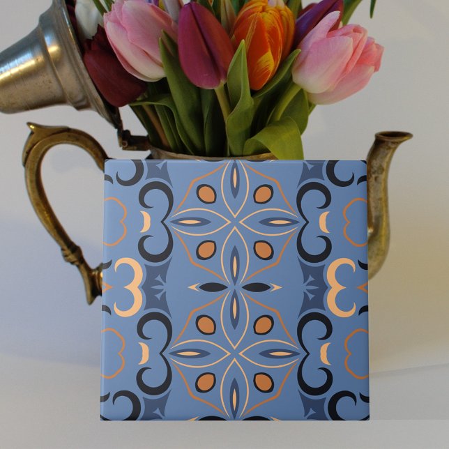 Blue Indigo Orange Bohemian Ethnic Mosaic Pattern Ceramic Tile (Creator Uploaded)