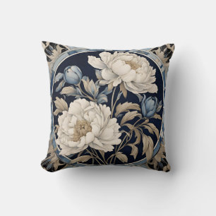 Blue Indigo Peony Floral  Throw Pillow