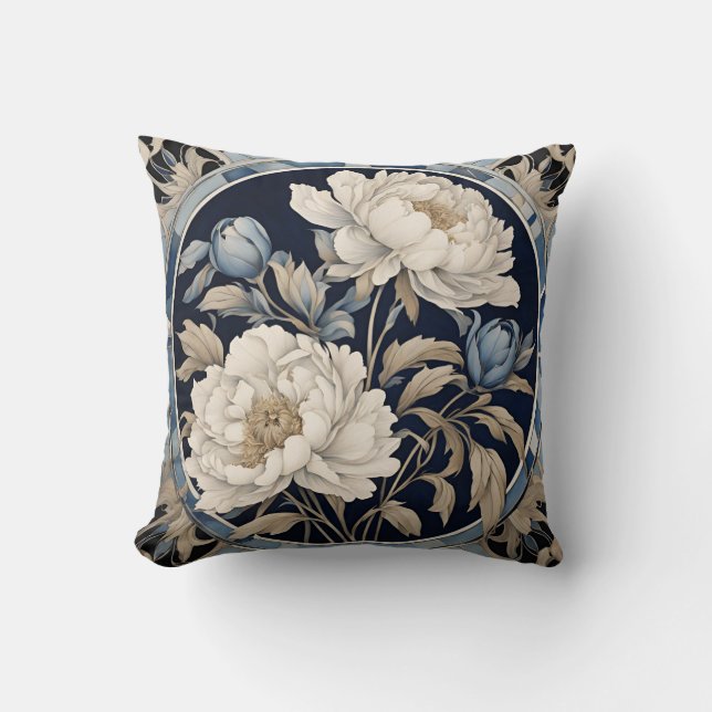 Blue Indigo Peony Floral  Throw Pillow (Front)