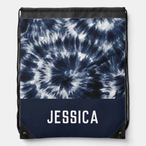 Blue Indigo Shibori Tie Dye Custom Name   Drawstring Bag