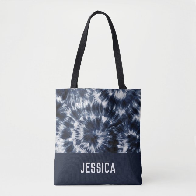 Blue Indigo Shibori Tie Dye Custom Name  Tote Bag (Front)