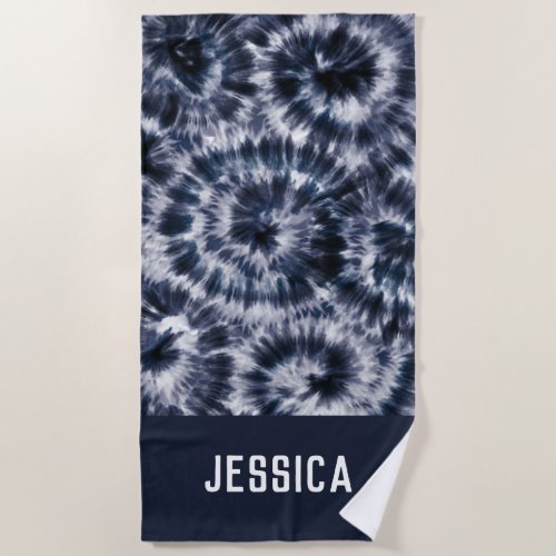 Blue Indigo Shibori Tie Dye Personalized Name Beach Towel