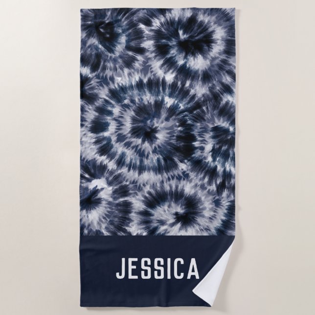 Blue Indigo Shibori Tie Dye Personalized Name Beach Towel (Front)