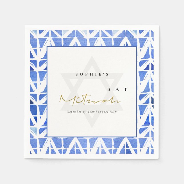 BLUE INDIGO WATERCOLOR CHEVRON BAR BAT MITZVAH NAPKINS (Front)