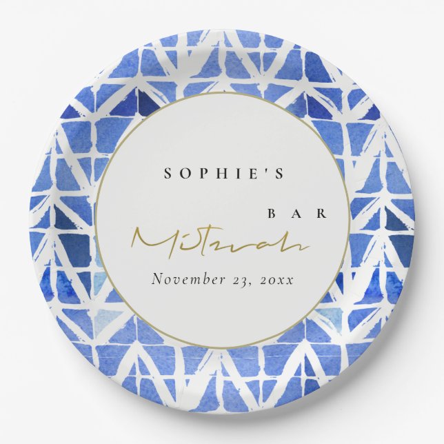 BLUE INDIGO WATERCOLOR CHEVRON BAR BAT MITZVAH PAPER PLATES (Front)