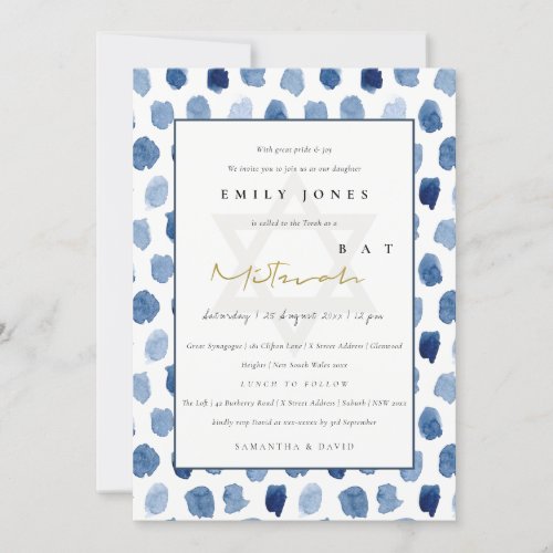 BLUE INDIGO WATERCOLOR DOTS BAT BAR MITZVAH INVITE