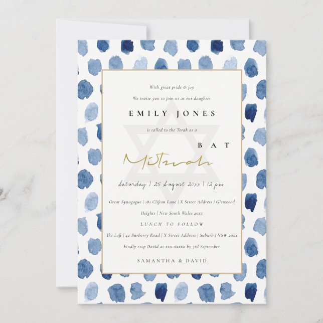 BLUE INDIGO WATERCOLOR DOTS BAT BAR MITZVAH INVITE (Front)