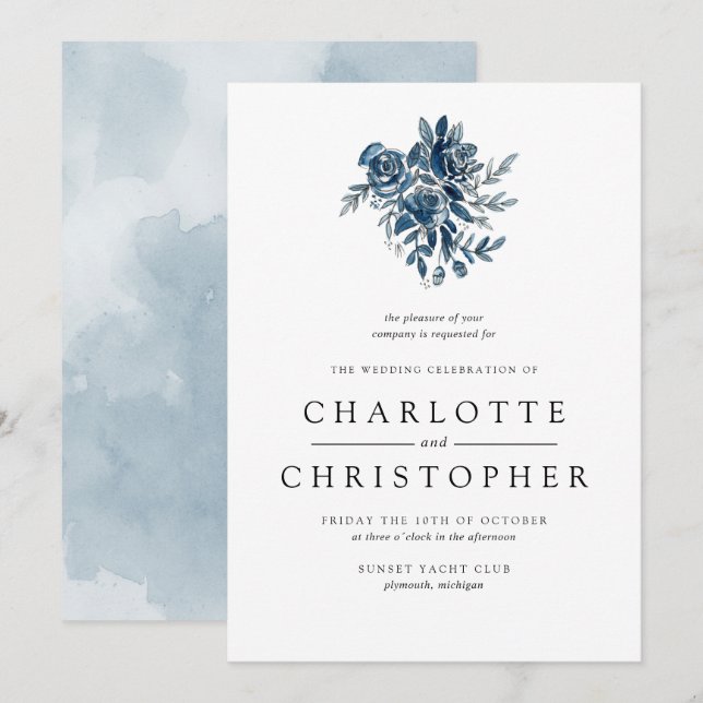 Blue indigo watercolor floral bouquet wedding invitation (Front/Back)