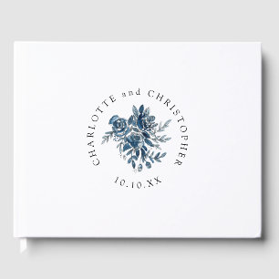 Blue indigo watercolor floral lineart wedding guest book
