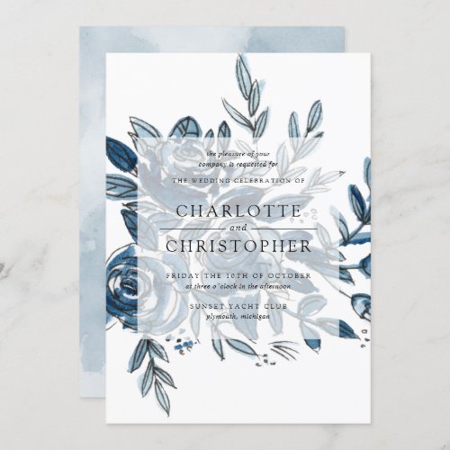 Blue indigo watercolor floral lineart wedding invitation