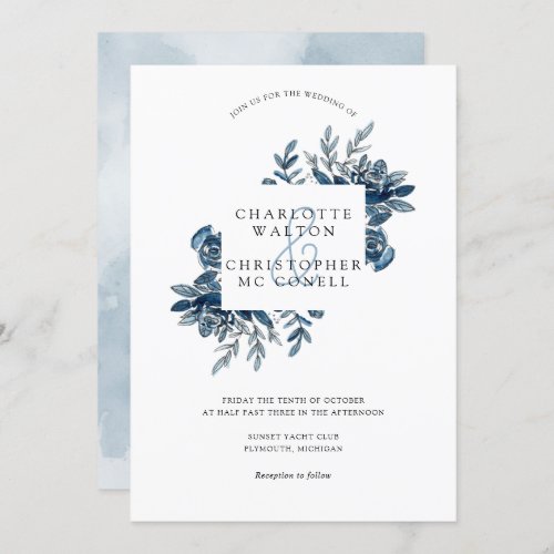 Blue indigo watercolor floral lineart wedding invitation