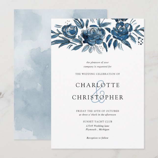 Blue indigo watercolor floral lineart wedding invitation (Front/Back)