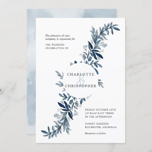 Blue indigo watercolor floral lineart wedding invitation