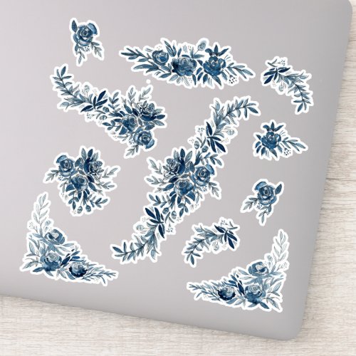 Blue indigo watercolor floral lineart wedding sticker