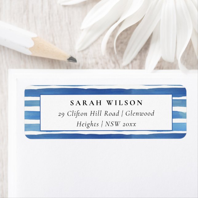 BLUE INDIGO WATERCOLOR STRIPES ADDRESS LABEL (Insitu)