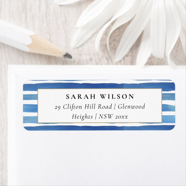 BLUE INDIGO WATERCOLOR STRIPES ADDRESS LABEL (Insitu)