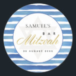 BLUE INDIGO WATERCOLOR STRIPES BAR BAT MITZVAH CLASSIC ROUND STICKER<br><div class="desc">If you need any further customisation please feel free to message me on yellowfebstudio@gmail.com.</div>