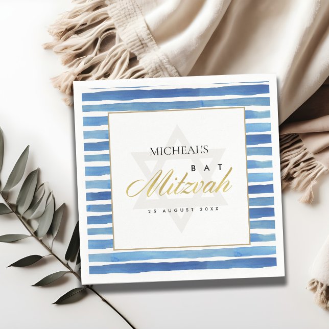 BLUE INDIGO WATERCOLOR STRIPES BAR BAT MITZVAH NAPKINS (Creator Uploaded)