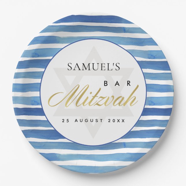 BLUE INDIGO WATERCOLOR STRIPES BAR BAT MITZVAH PAPER PLATES (Front)