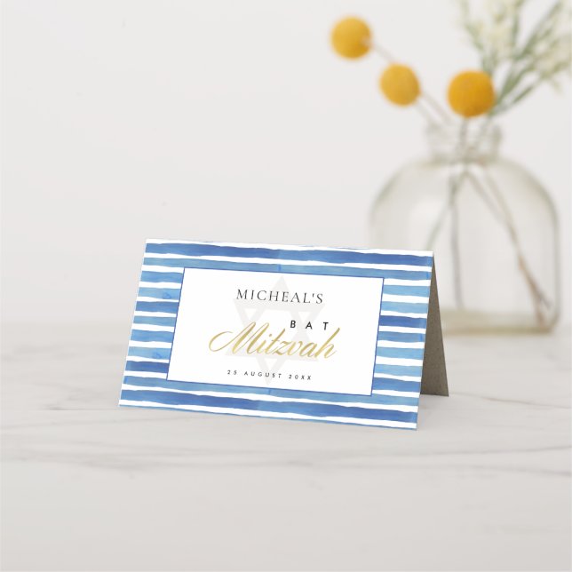 BLUE INDIGO WATERCOLOR STRIPES BAR BAT MITZVAH PLACE CARD (Back)