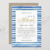 BLUE INDIGO WATERCOLOR STRIPES BAT BAR MITZVAH THANK YOU CARD (Front/Back)