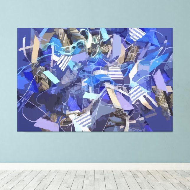 Blue indigo white gray abstract geometric stripes  canvas print (Insitu(Wood Floor))