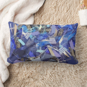 Blue indigo white gray abstract geometric stripes lumbar pillow