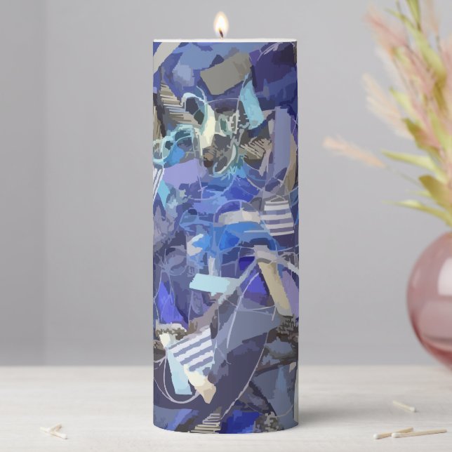 Blue indigo white gray abstract geometric stripes  pillar candle (In Situ)