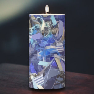 Blue indigo white gray abstract geometric stripes pillar candle