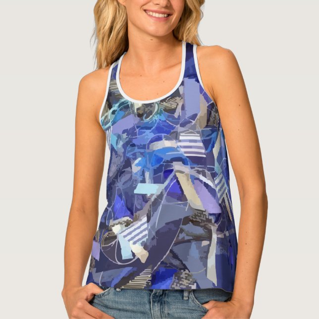 Blue indigo white gray abstract geometric stripes  tank top (Front)