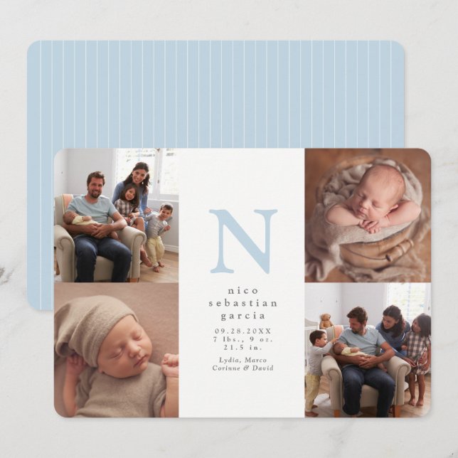 Blue initial four photo collage boy birth announcement (Front/Back)