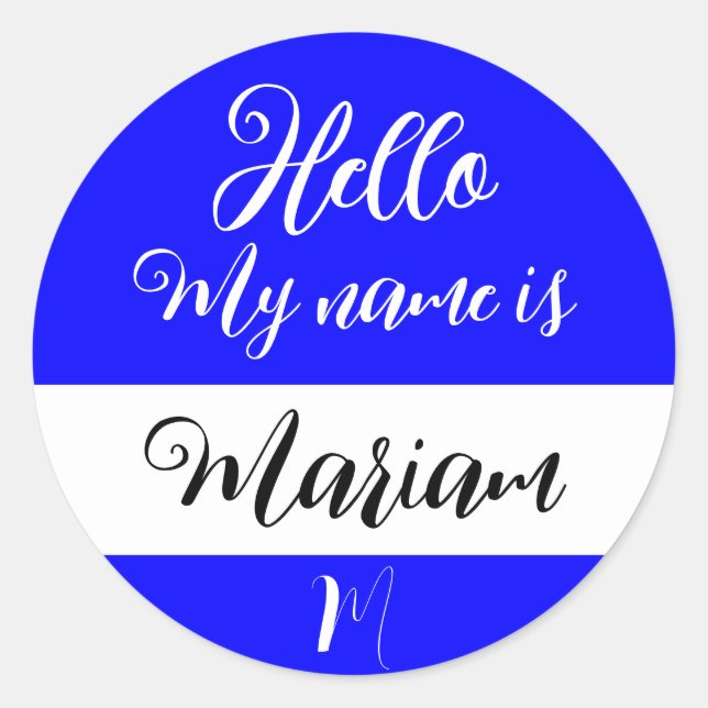 Blue (Initial Letter & Name) Hello My Name is Classic Round Sticker (Front)