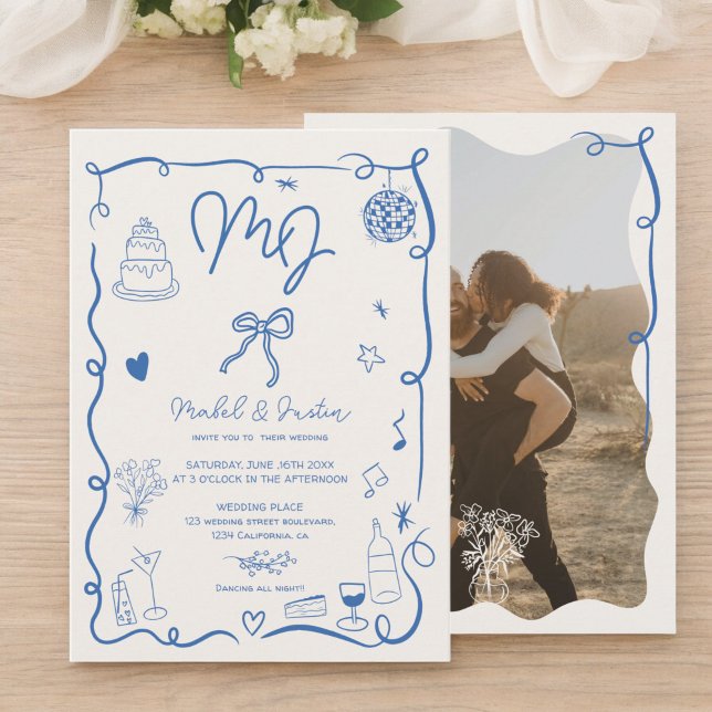 Blue initials handdrawn illustrated photo wedding invitation (Blue initials handdrawn illustrated photo wedding invitation)