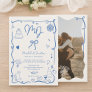 Blue initials handdrawn illustrated photo wedding invitation