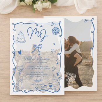 Blue Initials Handdrawn Illustrated Photos Wedding Invitation by girly_trend at Zazzle