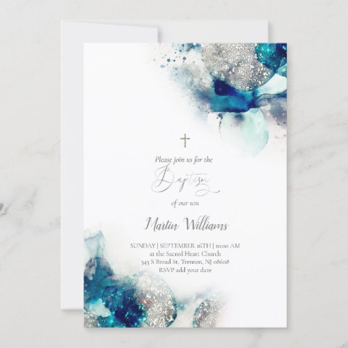 blue ink and FAUX glitter  Baptism Invitation