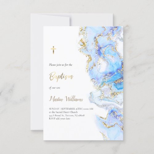 blue ink and FAUX glitter  Baptism Invitation