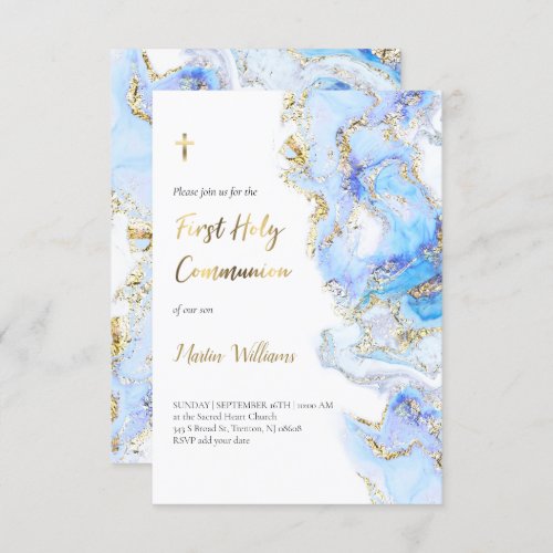 blue ink and FAUX glitter  First Holy Communion Invitation