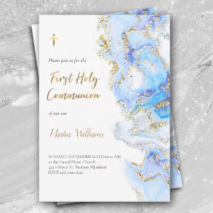 blue ink and FAUX glitter   First Holy Communion Invitation