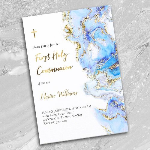 blue ink and FAUX glitter  First Holy Communion Invitation