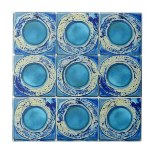Blue ink and watercolor round pattern gradient ceramic tile