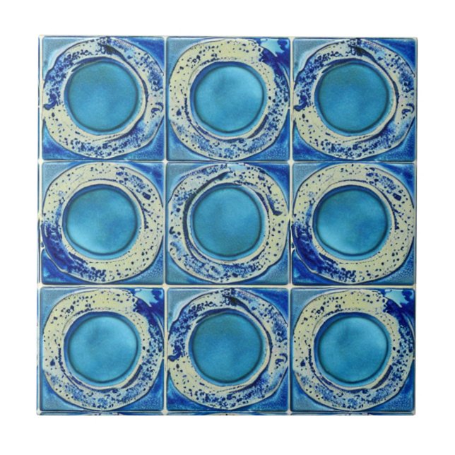 Blue ink and watercolor round pattern gradient  ceramic tile (Front)