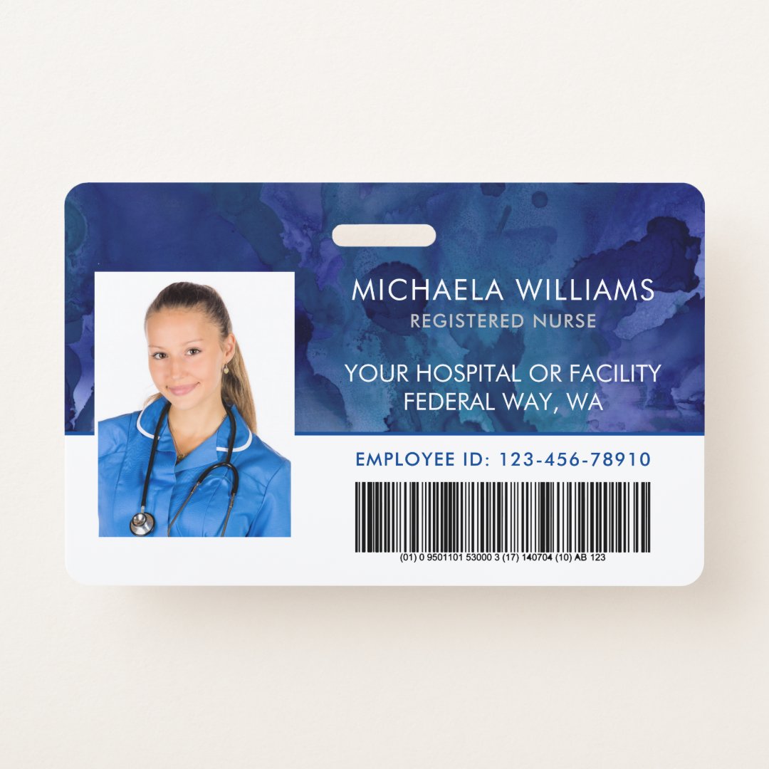 Blue Ink Employee Photo RN Hospital Barcode ID Badge | Zazzle