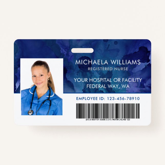 Blue Ink Employee Photo RN Hospital Barcode ID Badge (Front)