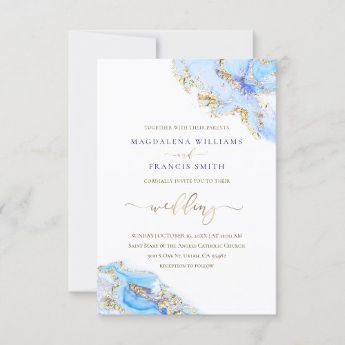 blue ink fluid marble wedding invitation